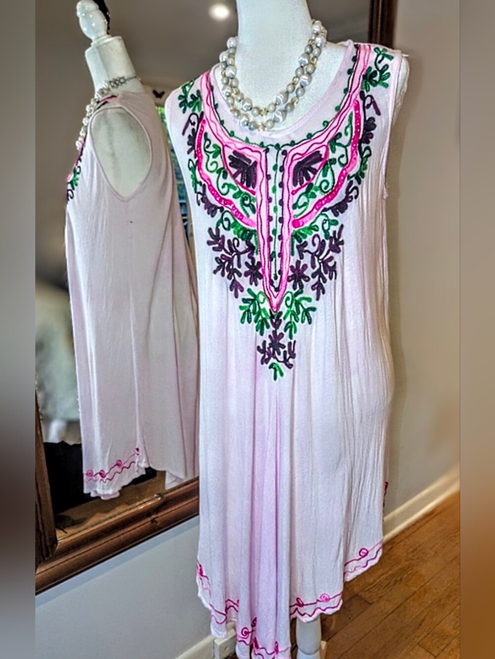 Embroidered Sleeveless Pink Tunic Coverup Spring Summer Dress